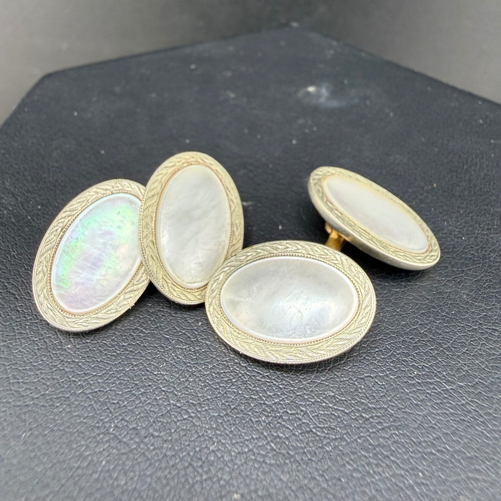 Vintage Cufflinks Mother of Pearl Oval Engraved
